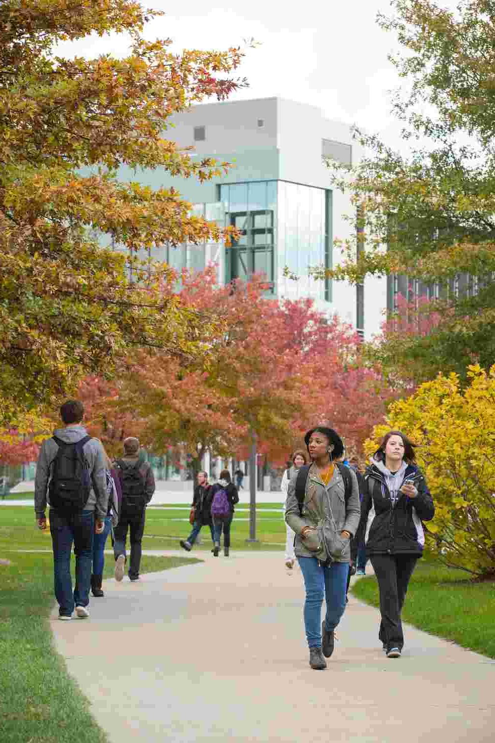 Students walking on Campus in the Fall